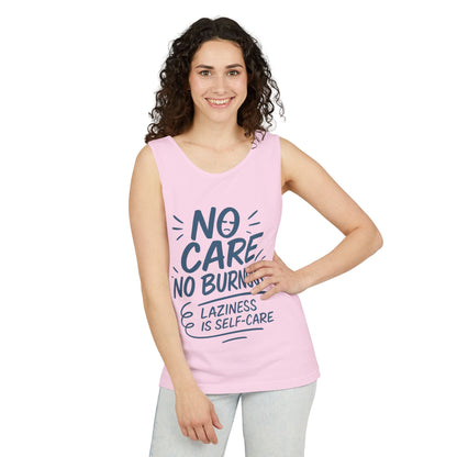 No Care No Burnout Womens Tank Top, Funny Self-Care Quote, Lazy Life Gym Workout Shirt, Casual Sleeveless Top, Relaxed Summer Apparel