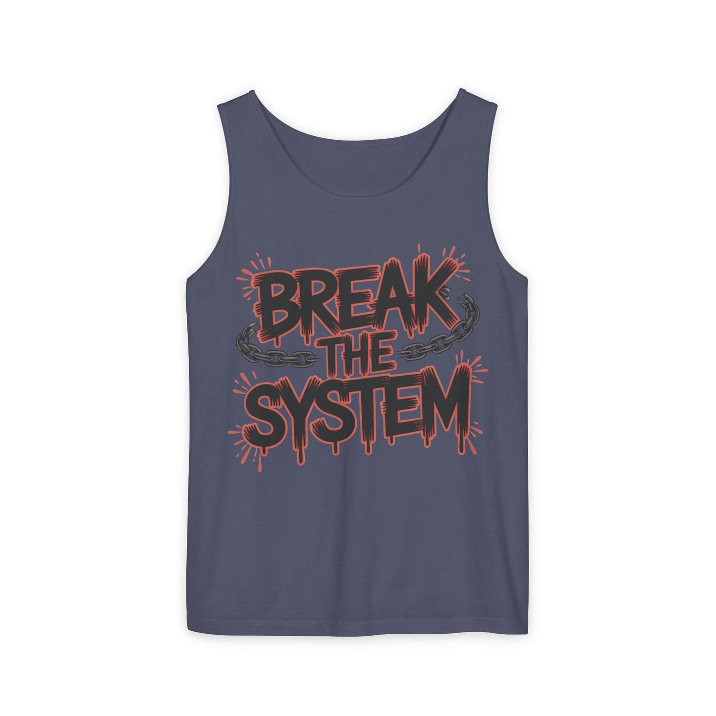 Men's Garment-Dyed Tank Top, Break the System Tank Top, Graphic Protest Muscle Tee, Streetwear Activist Summer Top