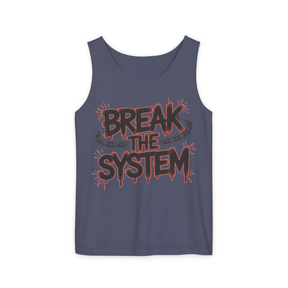 Men's Garment-Dyed Tank Top, Break the System Tank Top, Graphic Protest Muscle Tee, Streetwear Activist Summer Top