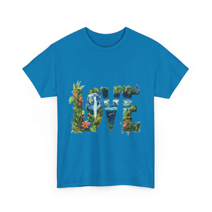 LOVE Nature Art Womens Heavy Cotton Tee, Earth Day Jungle Forest Graphic T-Shirt, Eco Friendly Gift Shirt, Nature-Inspired Love Tee