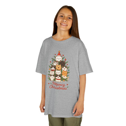 Youth Meowy Christmas Cat T-Shirt, Cute Kids Holiday Kitty Tee