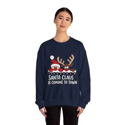 Santa Claus Is Coming to Town Women's Christmas Sweatshirt, Cute Santa - Reindeer Holiday Jumper
