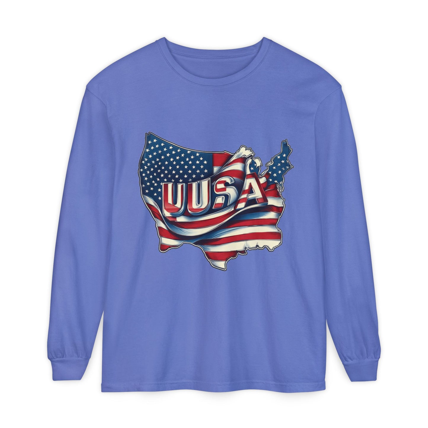 USA Flag Long Sleeve Tee, Unisex Garment-Dyed Shirt, Patriotic Top, All-American Apparel, Independence Day Style, Comfortable Casual Wear