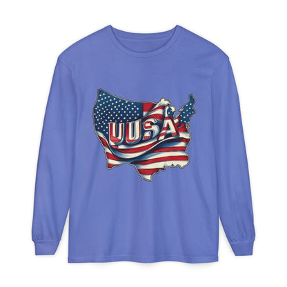 USA Flag Long Sleeve Tee, Unisex Garment-Dyed Shirt, Patriotic Top, All-American Apparel, Independence Day Style, Comfortable Casual Wear