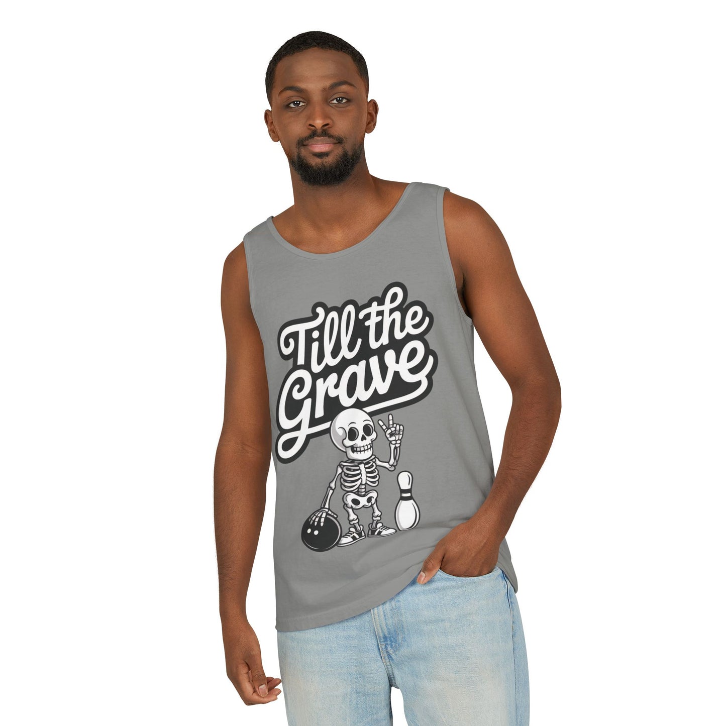 Funny Skeleton Bowling Tank Top, Halloween Apparel, Casual Summer Style, Cool Bowler Skull Workout Top, Strike Till the End