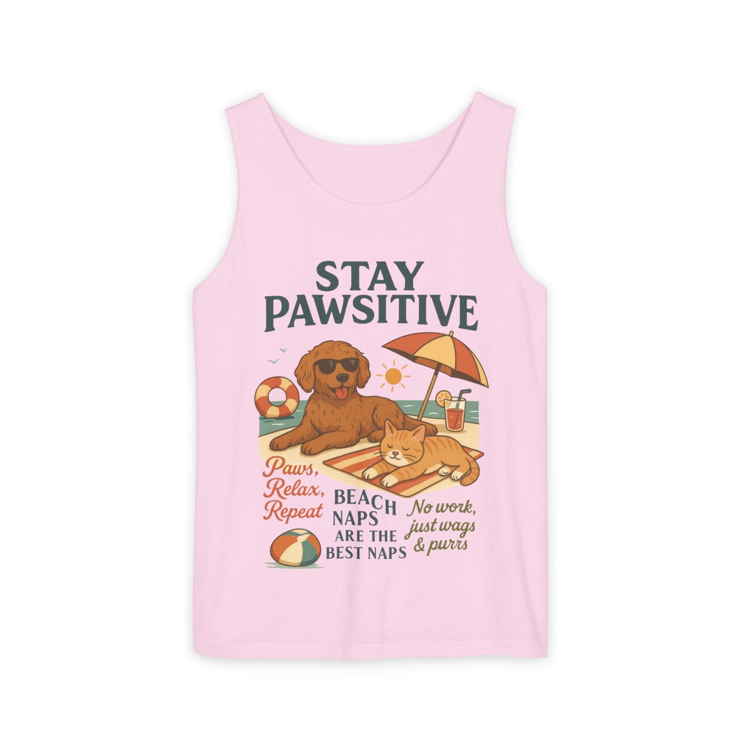 Stay Pawsitive Womens Tank, Cute Dog & Cat Beach Tee, Summer Pet Lover Tee, Animal Graphic Heavy Cotton Tee, Fun Pet Lovers Gift, Summer Top