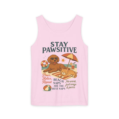 Stay Pawsitive Womens Tank, Cute Dog & Cat Beach Tee, Summer Pet Lover Tee, Animal Graphic Heavy Cotton Tee, Fun Pet Lovers Gift, Summer Top