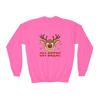 Girls Oh Deer Christmas Sweatshirt, Cute Reindeer Holiday Pullover, Youth Crewneck Sweatshirt