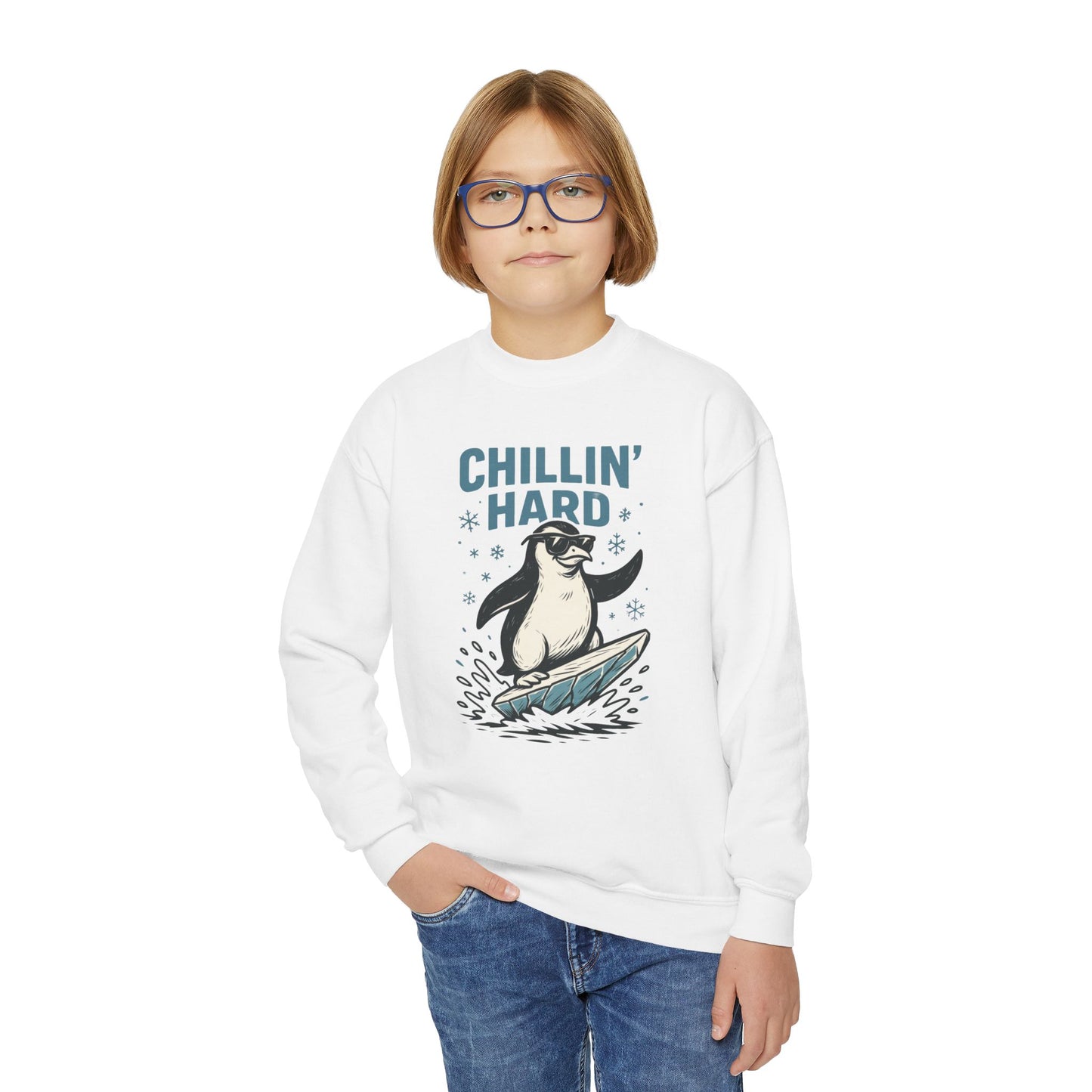 Youth Crewneck Sweatshirt, Kids Chillin Hard Penguin Sweatshirt, Funny Cool Animal Pullover for Children