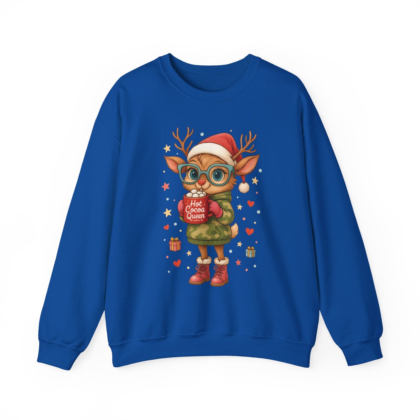 Hot Cocoa Queen Christmas Sweatshirt, Cute Cozy Holiday Reindeer Pullover