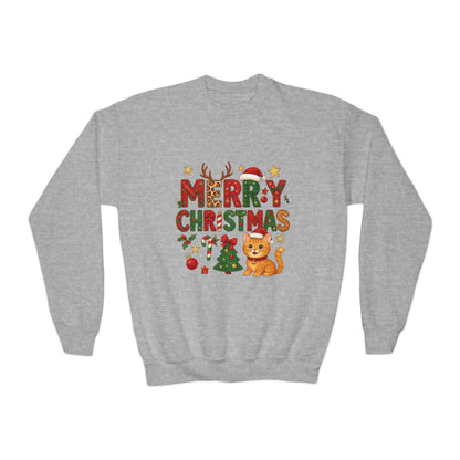 Merry Christmas Cat Sweatshirt for Girls, Cozy Holiday Kitten Jumper, Youth Crewneck Sweatshirt