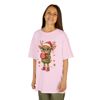 Hot Cocoa Queen Christmas T-Shirt for Girls, Cute Holiday Reindeer Tee