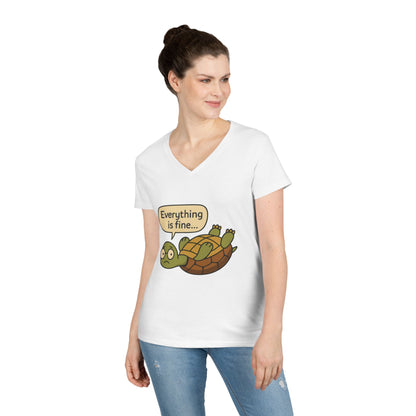 Cute & Comfy Turtle V-Neck T-Shirt - "Everything is fine..." design, Gift for Animal Lovers, Casual Wear, Fun Quotes, Positive message tee