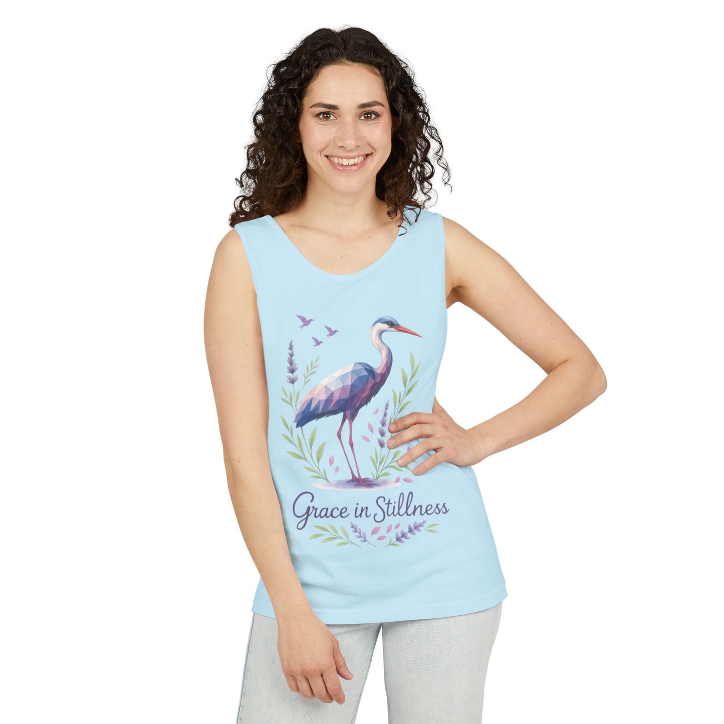 Polygonal Heron Graphic Tank, Womens Artistic Bird Summer Top, Geometric Crane, Bird Lovers Gift, Yoga Shirt, Fitness Apparel, Casual Wear