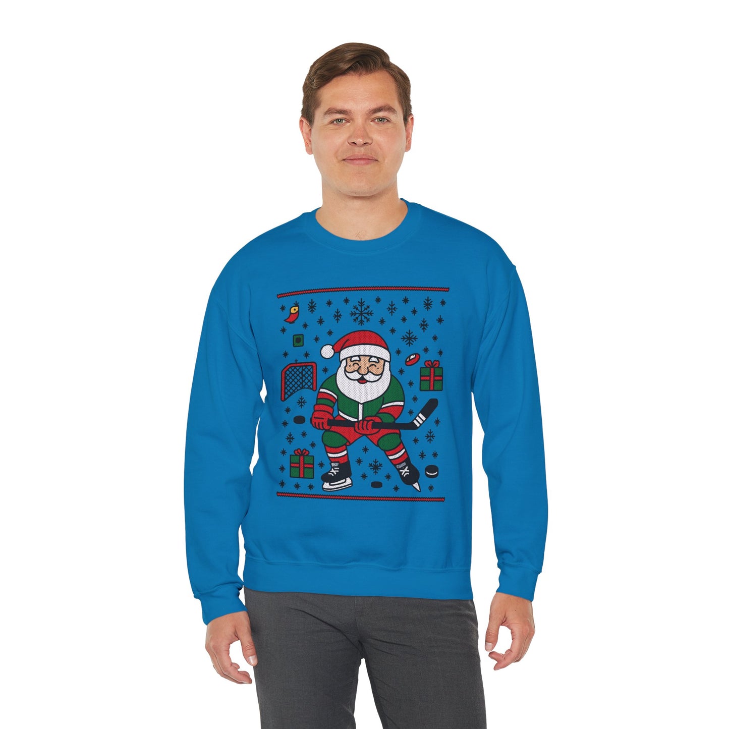 Hockey Santa Men's Christmas Sweatshirt, Funny Sports Holiday Jumper