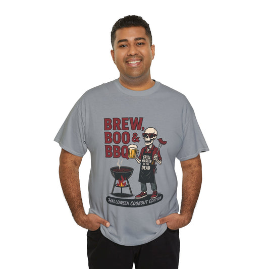 Halloween BBQ Men's T-Shirt, Brew Boo & BBQ Skeleton Grill Master Tee, Funny Dad Gift, Grill Master Tee, Grill Dad Halloween