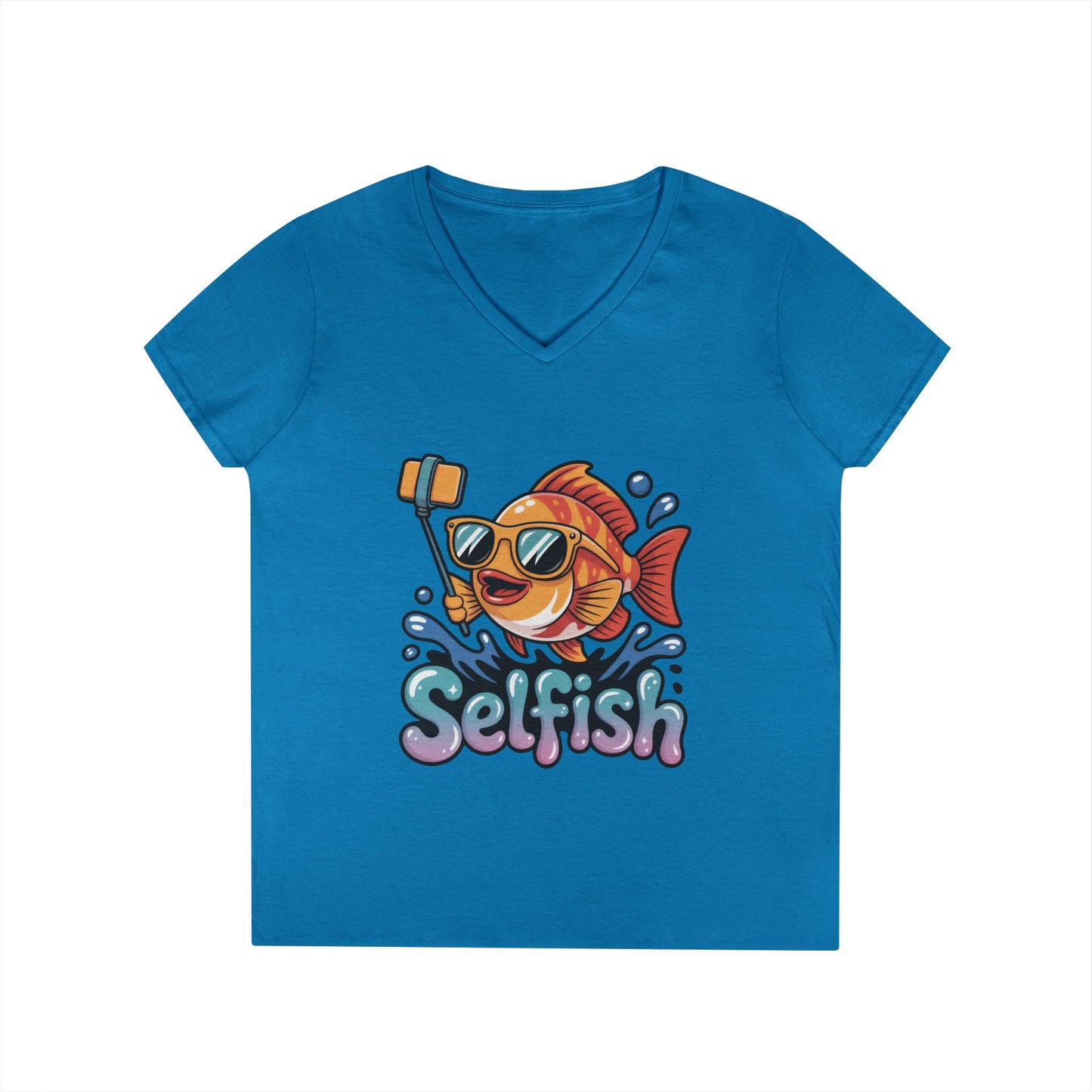 Ladies' V-Neck T-Shirt, Funny Selfie Fish Graphic Womens Tee, Playful Pun Gift for Her, Summer Vibes, Unique Beach Shirt, Outdoor Adventures