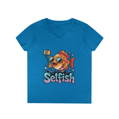 Ladies' V-Neck T-Shirt, Funny Selfie Fish Graphic Womens Tee, Playful Pun Gift for Her, Summer Vibes, Unique Beach Shirt, Outdoor Adventures