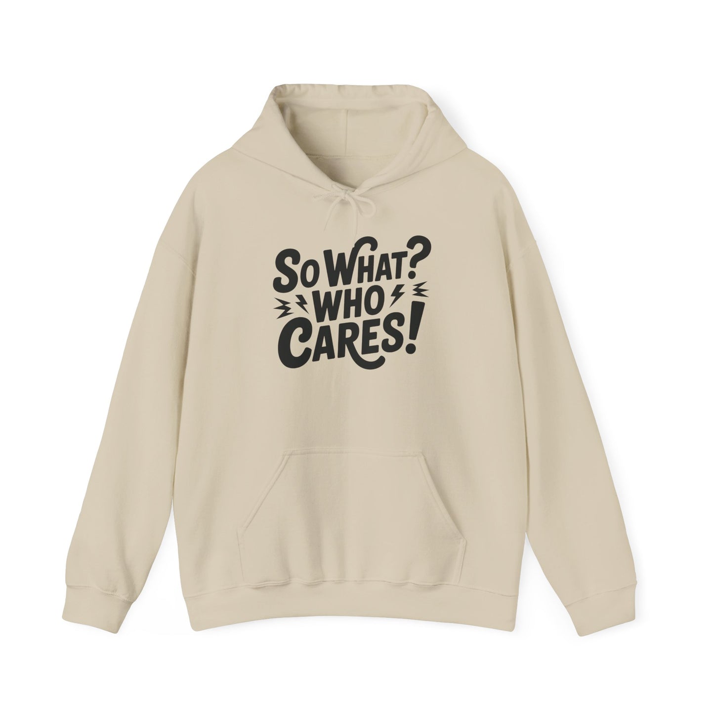 So What? Who Cares! Funny Mens Hoodie, Bold Statement Design, Lightning Graphic Pullover, Rebellious Urban Humor, Funny Streetwear