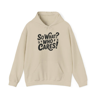 So What? Who Cares! Funny Mens Hoodie, Bold Statement Design, Lightning Graphic Pullover, Rebellious Urban Humor, Funny Streetwear