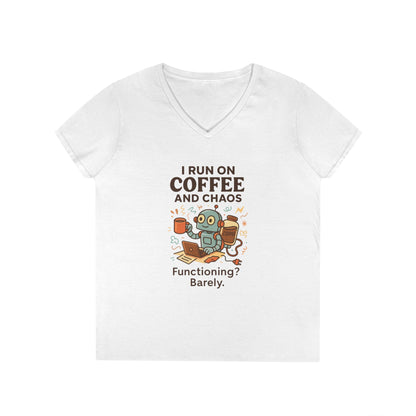 Funny Coffee and Chaos Ladies' V-Neck T-Shirt, Gift for Coffee Lovers, Quirky Tee, Casual Wear, Unique Humor Shirt, Work from Home Humor Tee