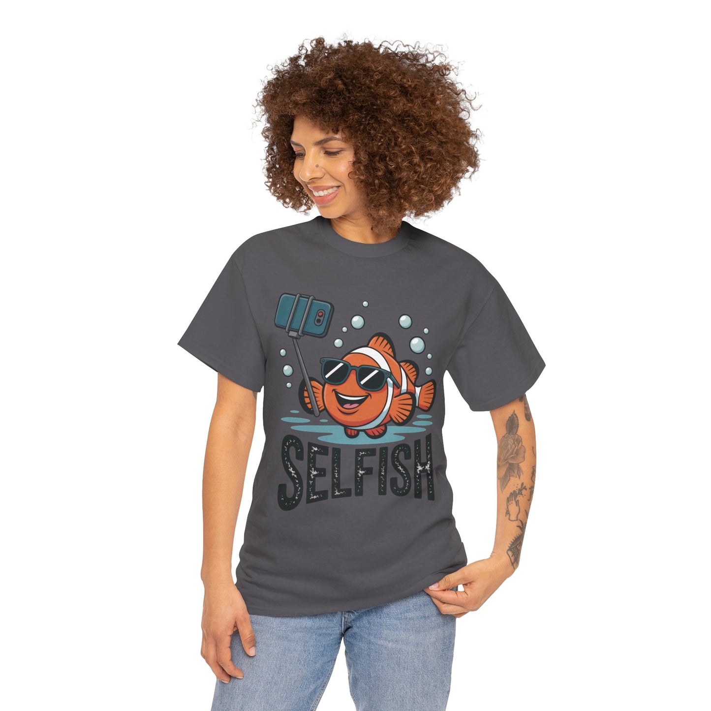 Unisex Heavy Cotton Tee, Mens Selfish Funny Fish T-Shirt, Cute Selfie Graphic Tee, Ocean Humor Shirt