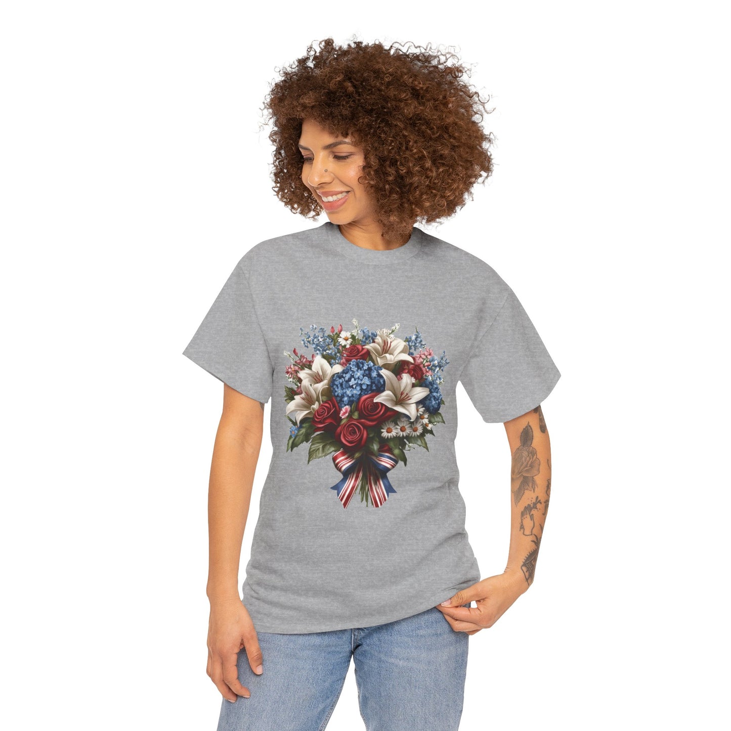 Patriotic Floral Bouquet T-Shirt, Red White Blue Flower Graphic Tee, USA Pride Shirt, Unisex Heavy Cotton Tee