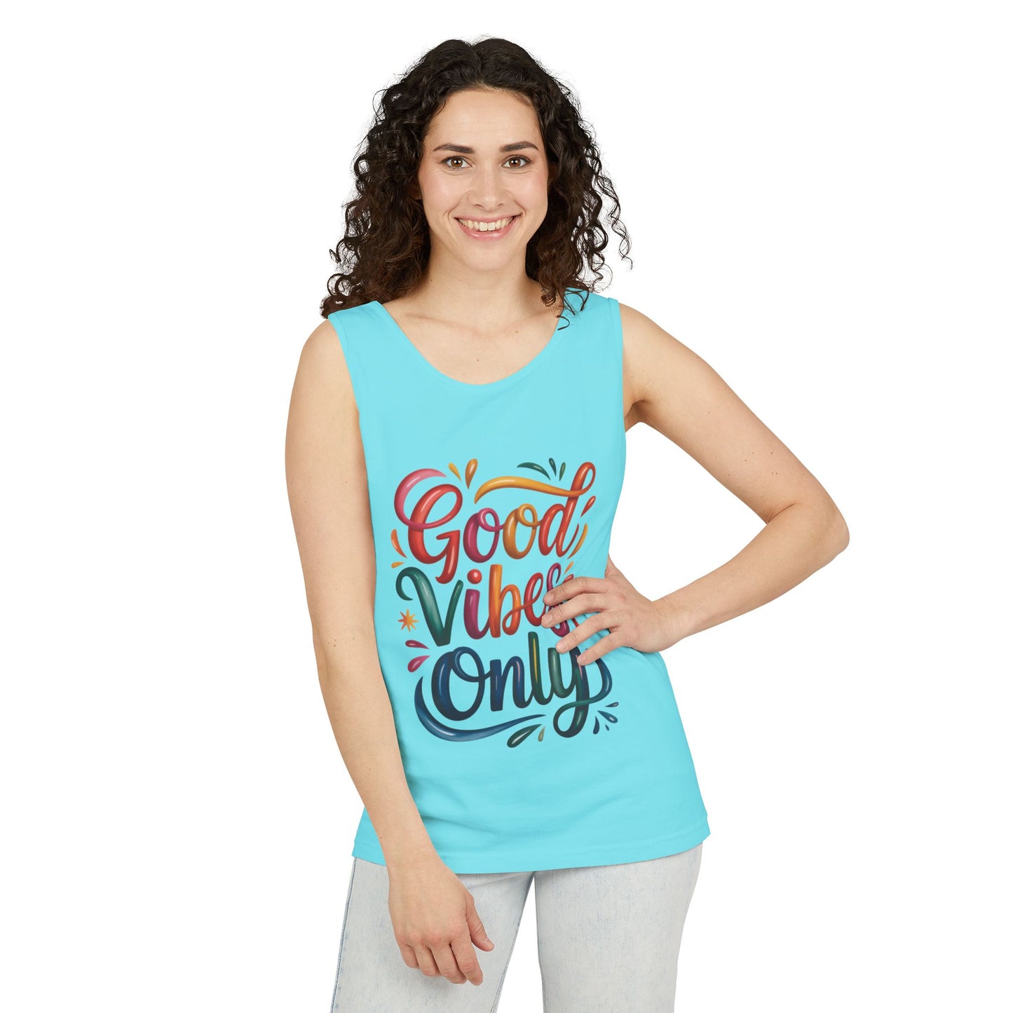 Good Vibes Only Unisex Garment-Dyed Tank Top, Summer Casual Wear, Festival Outfit, Beach Day Tee, Gift for Friends, Positive Vibes Apparel