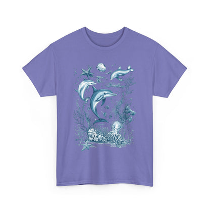 Ocean Life Dolphin T-Shirt, Women's Cotton Tee with Underwater Sea Creatures, Marine Nature Gift Shirt, Perfect for Beach Lovers