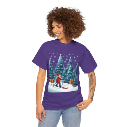 Womens Cute Winter Holiday Graphic Tee, Christmas Skiing T-Shirt, Women's Heavy Cotton Tee