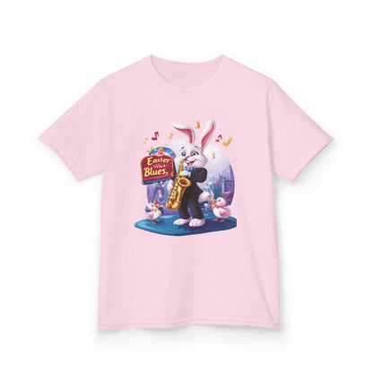 Easter Blues Bunny Kids T-Shirt - Cute Jazz Music Themed Tee for Boys and Girls, Fun Spring Gift, Bunny Playing Saxophone Design