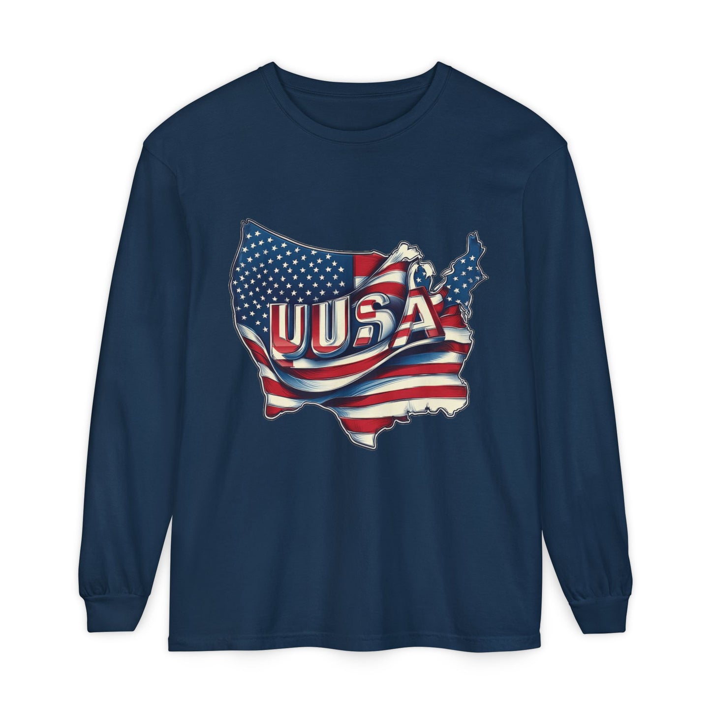 USA Flag Long Sleeve Tee, Unisex Garment-Dyed Shirt, Patriotic Top, All-American Apparel, Independence Day Style, Comfortable Casual Wear