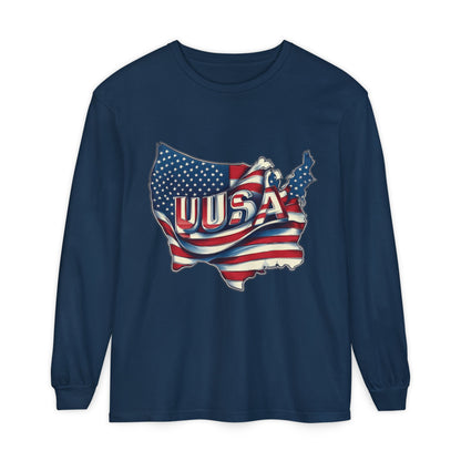 USA Flag Long Sleeve Tee, Unisex Garment-Dyed Shirt, Patriotic Top, All-American Apparel, Independence Day Style, Comfortable Casual Wear