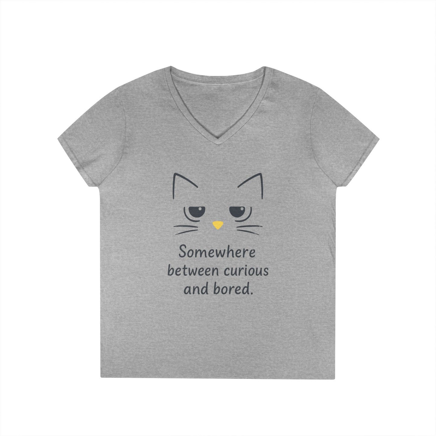 Funny Cat V-Neck T-Shirt - Somewhere Between Curious and Bored, Gift for Cat Lovers, Casual Wear, Birthday Tee, Cute Animal Shirt