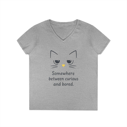 Funny Cat V-Neck T-Shirt - Somewhere Between Curious and Bored, Gift for Cat Lovers, Casual Wear, Birthday Tee, Cute Animal Shirt