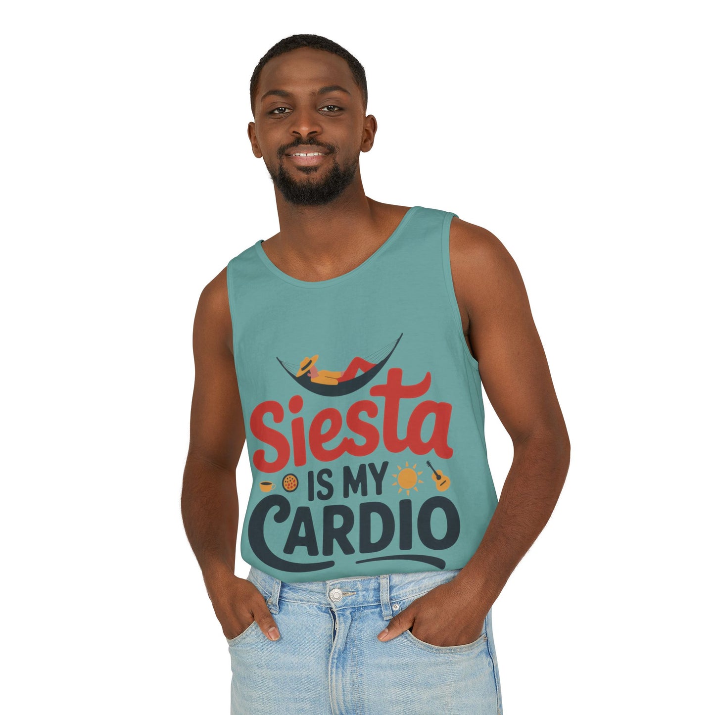 Mens Garment-Dyed Tank Top, Siesta Is My Cardio Funny Mens Tank Top Spain Humor