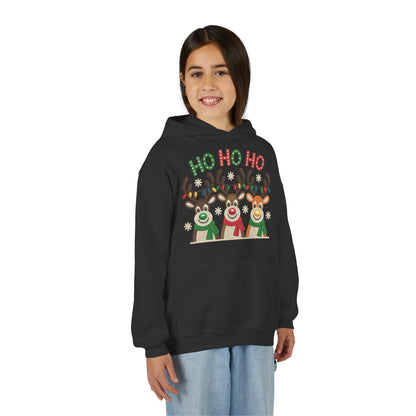 Ho Ho Ho Reindeer Hoodie for Girls, Cute Christmas Holiday Kids Pullover, Youth Hooded Sweatshirt