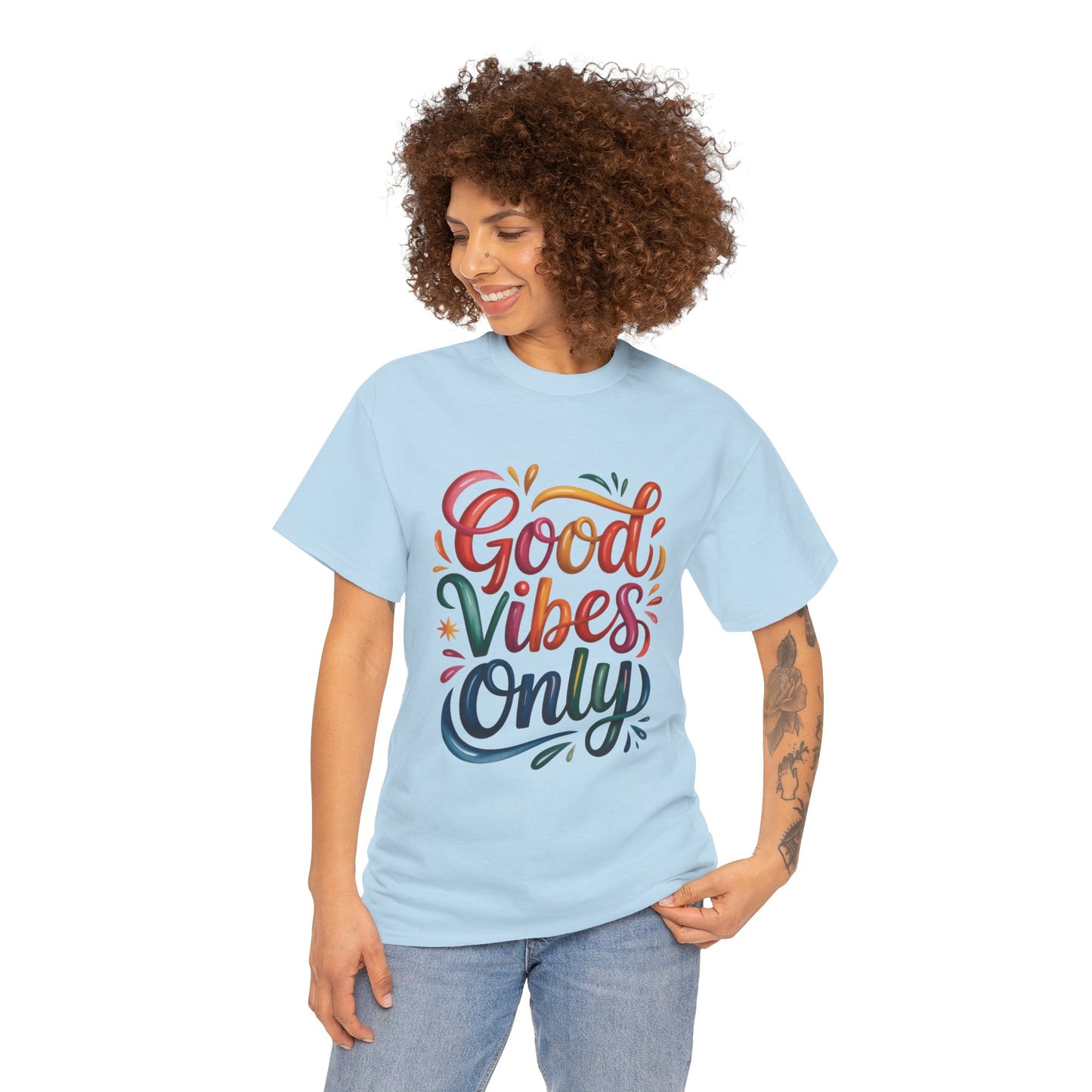 Good Vibes Only Womens Heavy Cotton Tee, Casual Wear, Gift for Friends, Relaxed Fit, Summer Style, Positive Affirmation Shirt