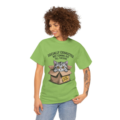 Socially Exhausted Cat Women's Tee, Funny Cat Shirt, Women's Graphic Tee, Gift for Introverts, Cute Animal T-Shirt, Weekend Wear