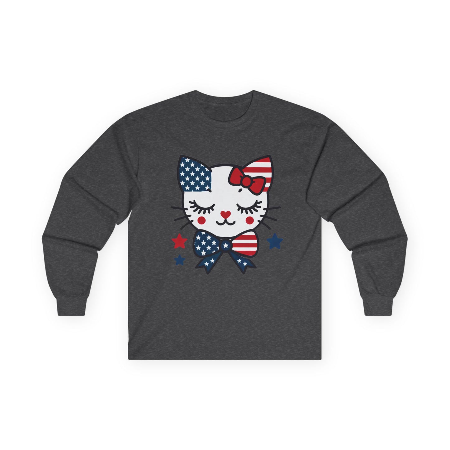 Cute Patriotic Cat Long Sleeve Tee, Women's T-Shirt for Independence Day, 4th of July Celebration, Animal Lover Gift, USA Flag Design