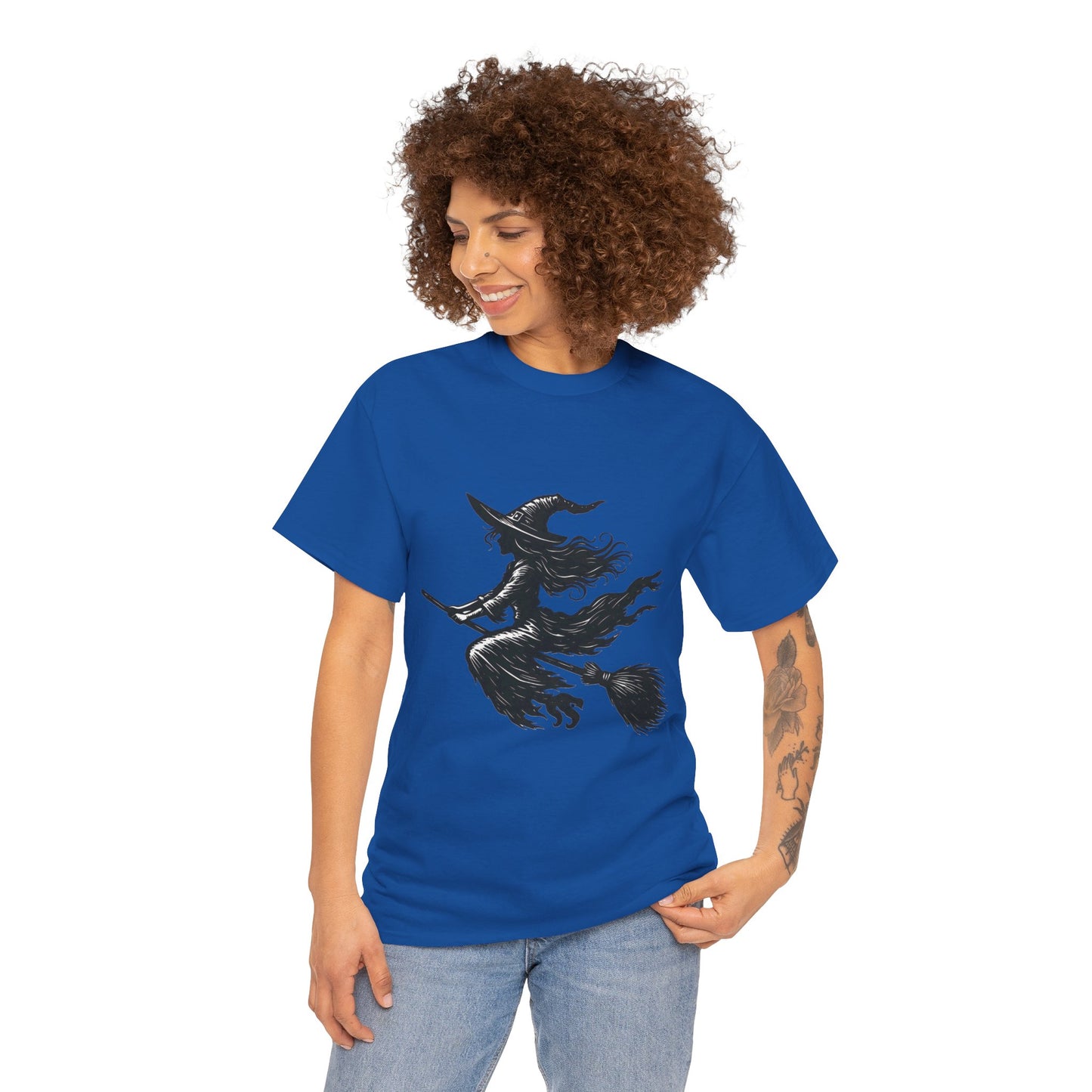 Flying Witch Silhouette Halloween T-Shirt for Women, Vintage Witch on Broom Tee, Spooky Gothic Fall Shirt, Minimal Black Witch Top