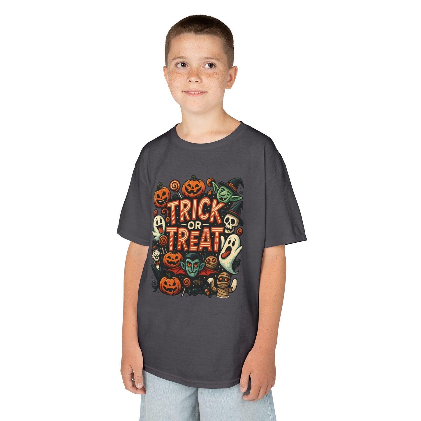 Kids Trick or Treat T-Shirt, Halloween Graphic Tee with Pumpkins, Ghosts & Vampires, Fun Spooky Shirt for Children