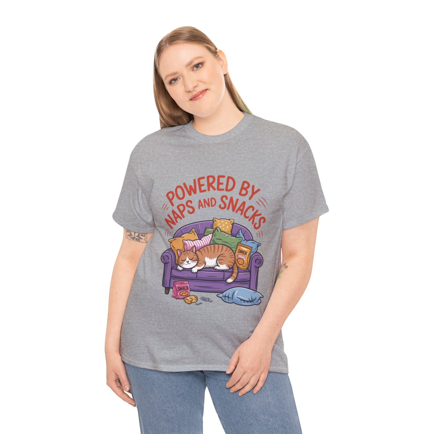 Powered by Naps and Snacks Cat T-Shirt, Funny Lazy Cat Lover Womens Tee, Cute Humor Shirt, Cozy Gift for Her, Cozy Cat Lover T-Shirt