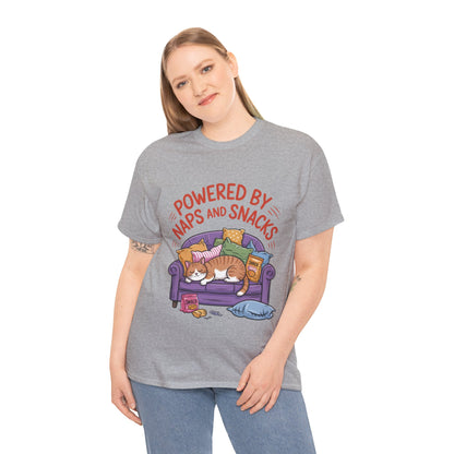 Powered by Naps and Snacks Cat T-Shirt, Funny Lazy Cat Lover Womens Tee, Cute Humor Shirt, Cozy Gift for Her, Cozy Cat Lover T-Shirt