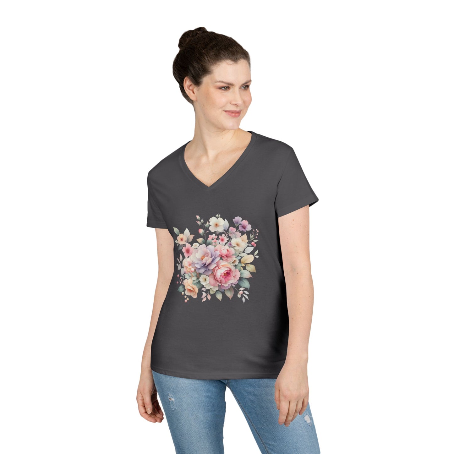 Pastel Floral Bouquet Ladies' V-Neck T-Shirt, Romantic Soft Vintage Flower Tee, Spring Fashion, Gift for Her, Everyday Wear