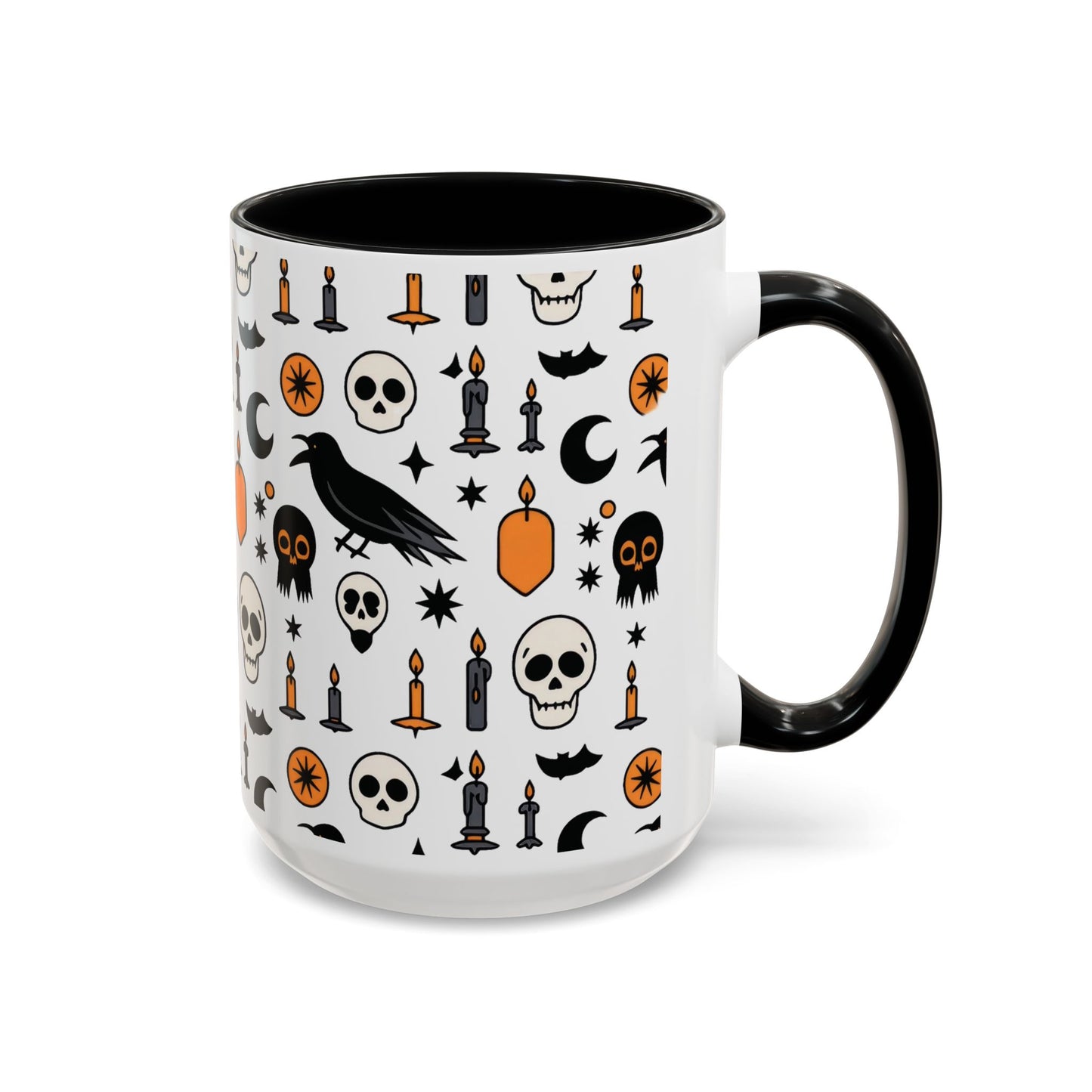 Gothic Halloween Mug, Skull, Candle - Raven Pattern Coffee Cup, Dark Aesthetic Spooky Gift for Her or Him, Accent Coffee Mug (11, 15oz)