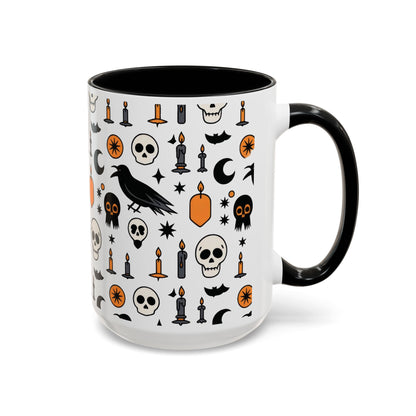 Gothic Halloween Mug, Skull, Candle - Raven Pattern Coffee Cup, Dark Aesthetic Spooky Gift for Her or Him, Accent Coffee Mug (11, 15oz)
