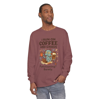 Coffee Chaos Long Sleeve Tee, Funny T-Shirt, Quirky Gift for Coffee Lovers, Unisex Top for Busy Lives, Work from Home Humor Tee