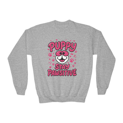 Youth Puppy Crewneck Sweatshirt - Stay Pawsitive Design, Cute Pet Apparel, Kids Sweatshirt, Animal Lover Gift, Cozy Winter Wear, Kids Gift