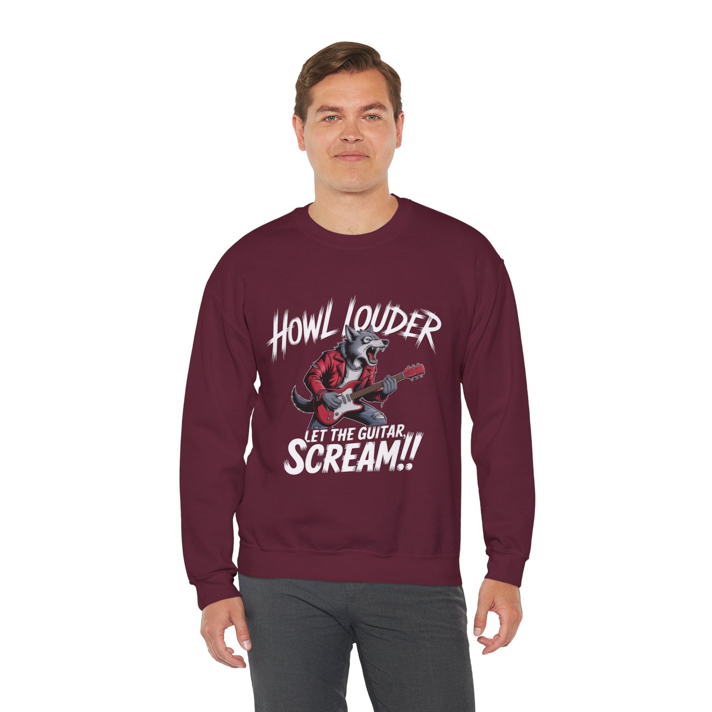 Howl Louder Wolf Sweatshirt, Let The Guitar Scream Pullover, Rock Guitar Animal Hoodie, Rocking Wolf Crewneck Sweatshirt, Music Lover Gift